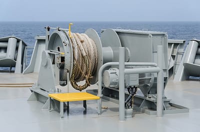 Mooring winch on a  forward of the vessel